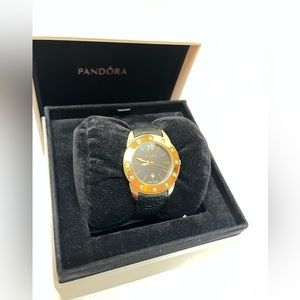Pandora 18k Gold Plated Ladies Wristwatch Black Leather Band New In Box
